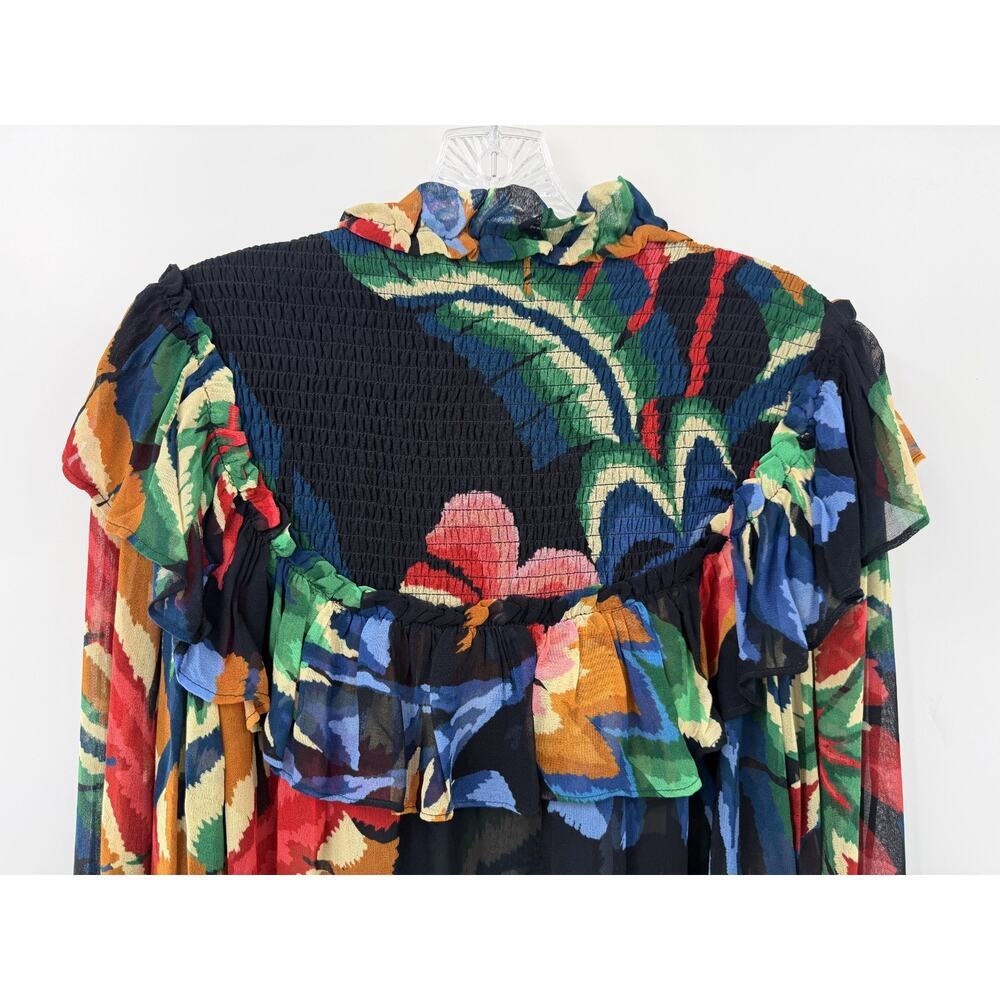 Farm Rio Women's Abstract Multicolor Ruffle Collared Smocked Blouse Size XS - Picture 10 of 11
